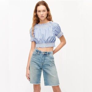 J. Crew | Puff Sleeve Smocked Top Blue and White Stripes Cropped Large